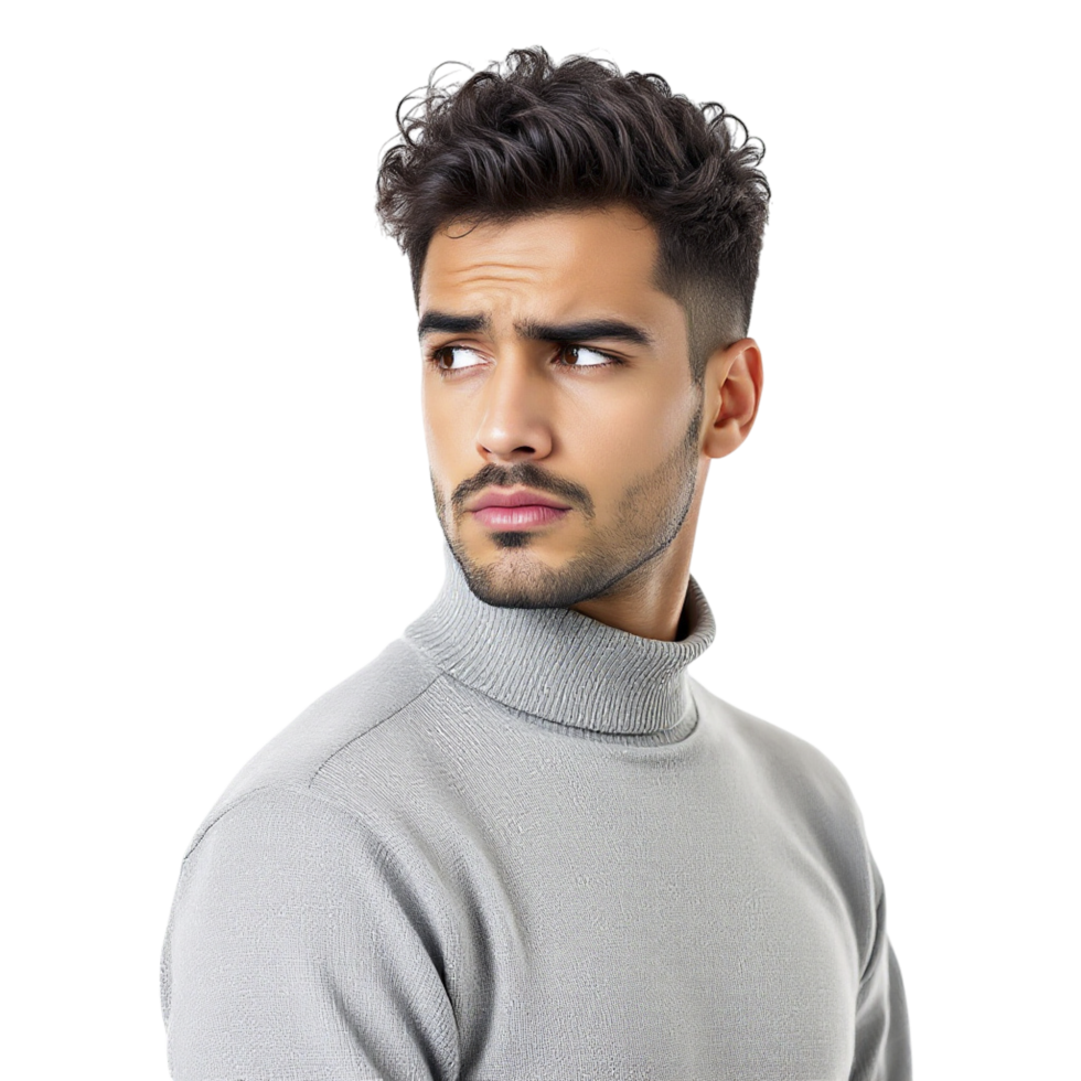A man in a turtle neck sweater looking to the side png
