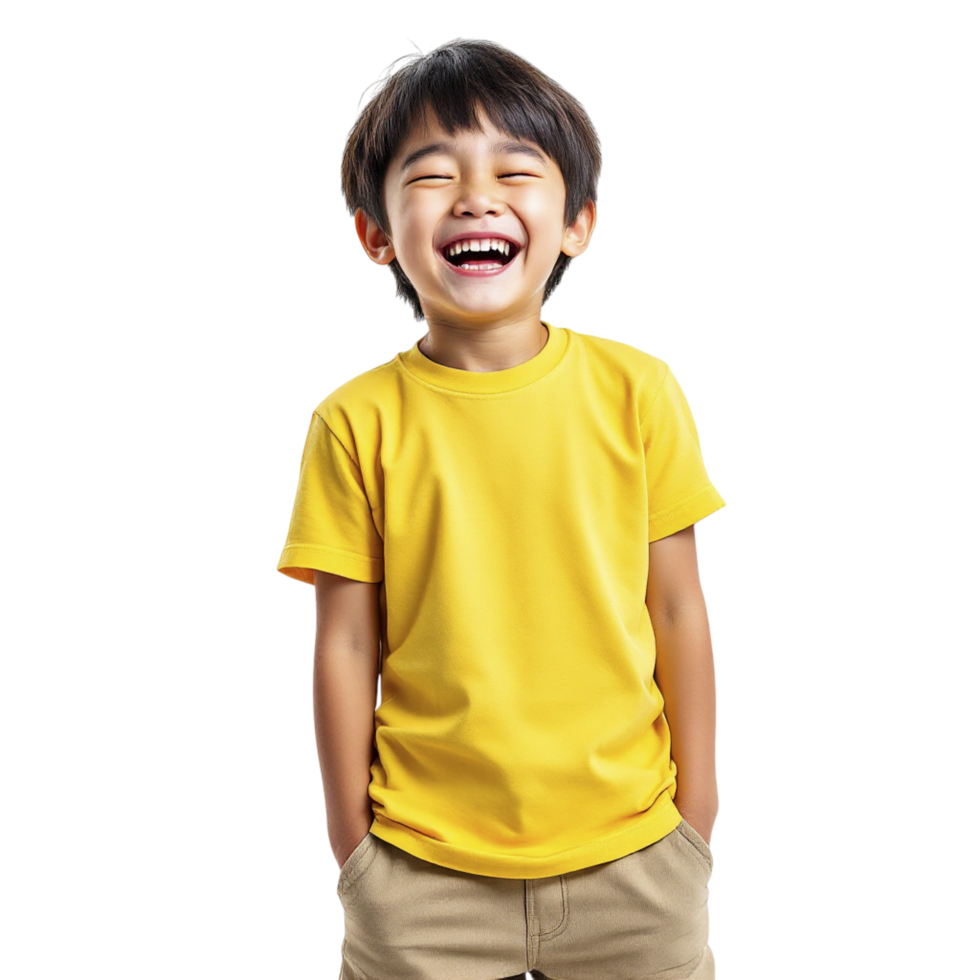 A young boy is laughing in a yellow t - shirt png