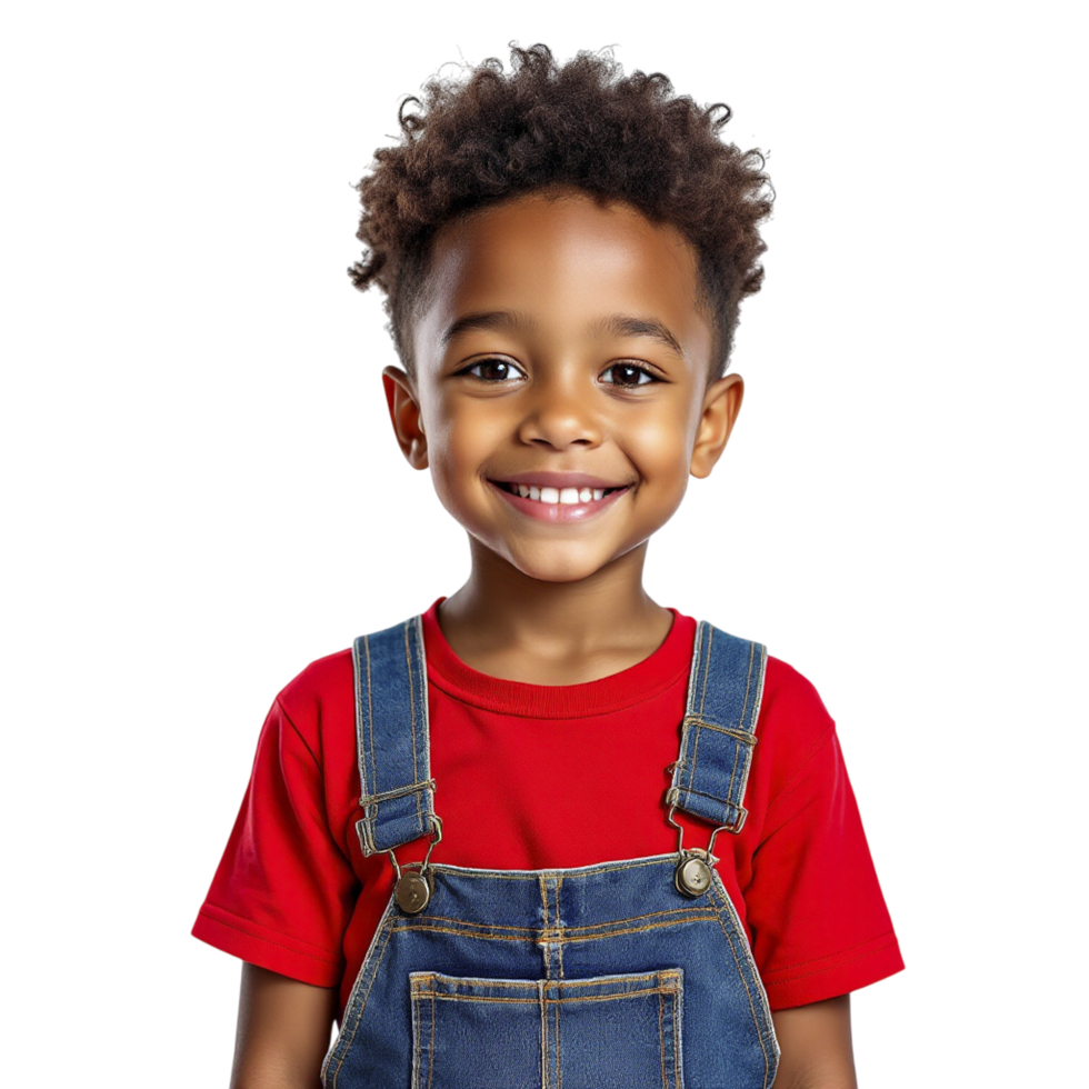 A young boy in overalls and a red shirt png
