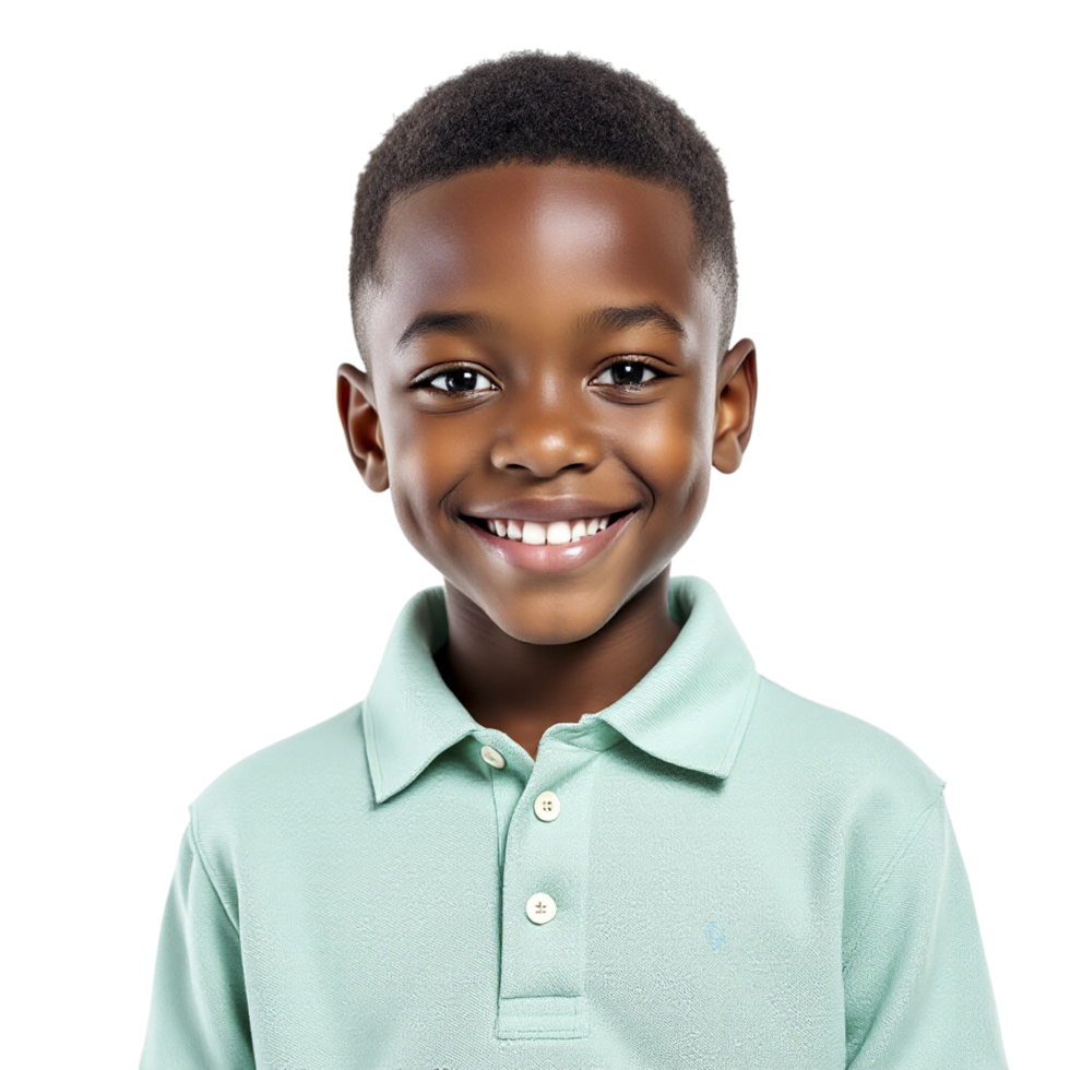 A young boy in a green polo shirt smiling png