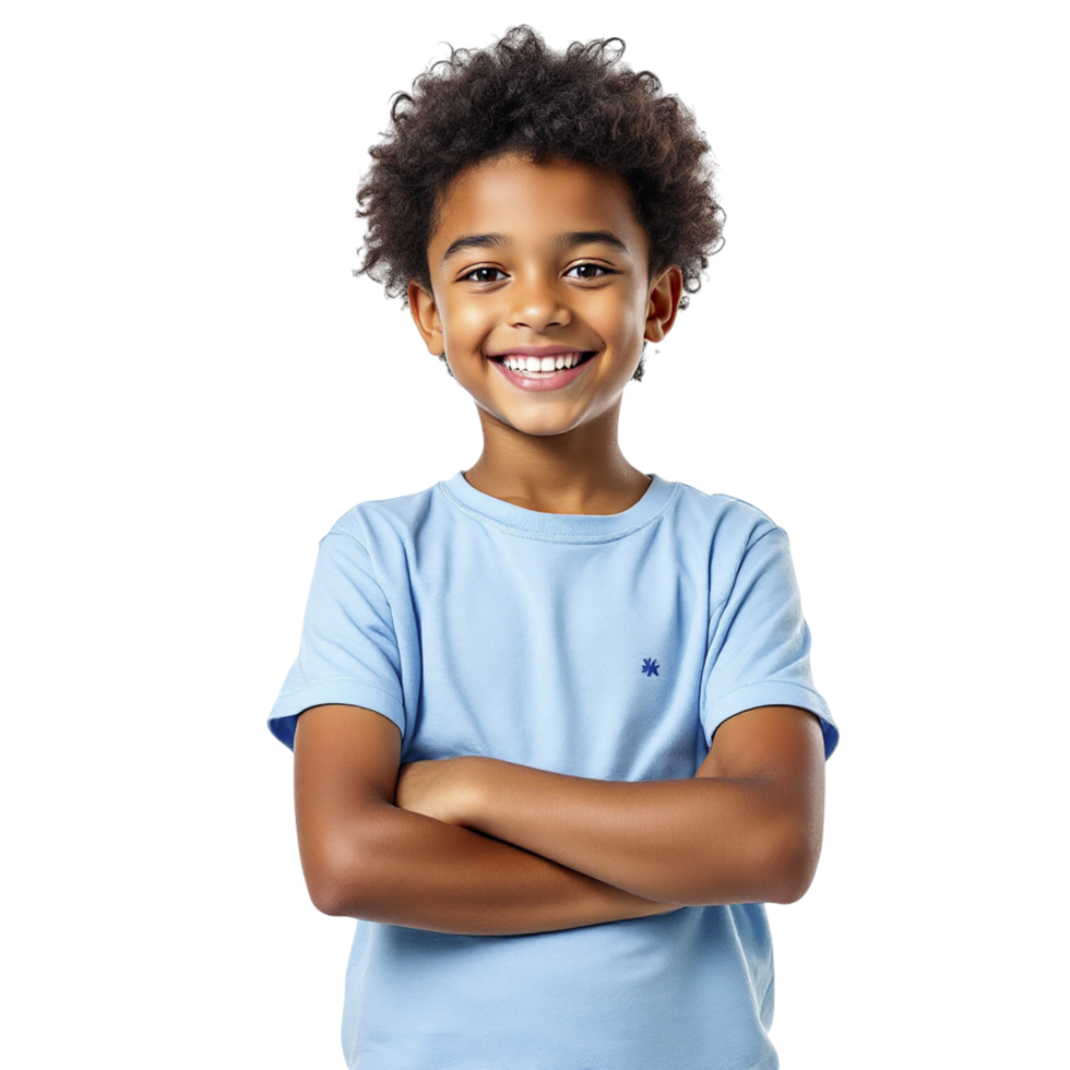 A young boy with his arms crossed standing in front of a black background png