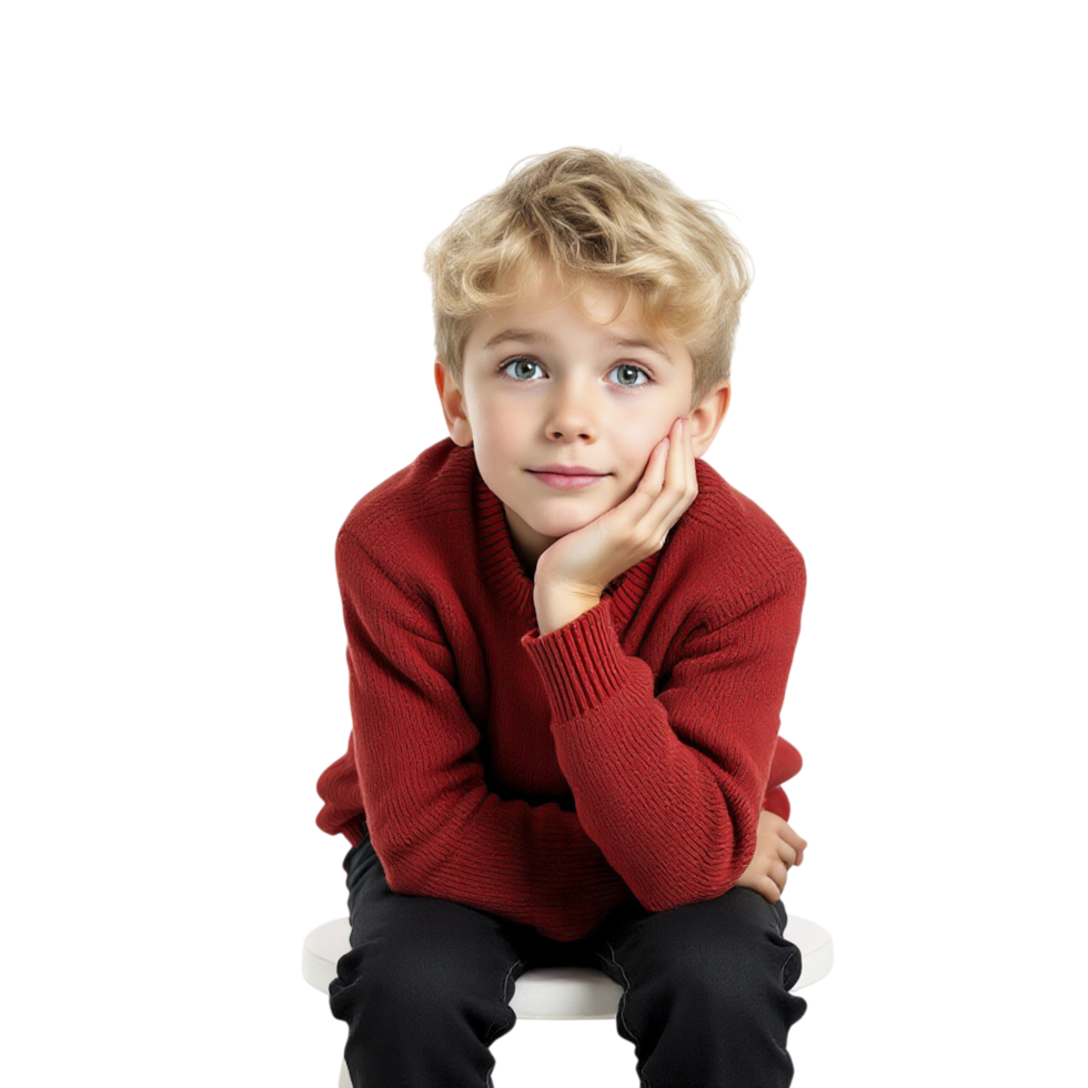 A young boy sitting on a stool with his hand on his chin png