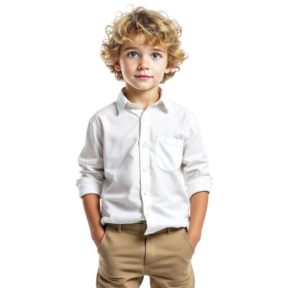 A young boy in a white shirt and khaki pants png