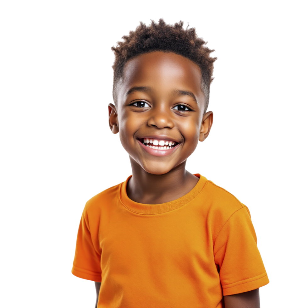 A young boy in an orange shirt smiling png