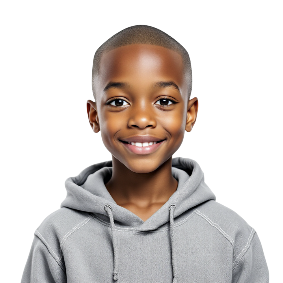 A young boy in a grey hoodie smiling png