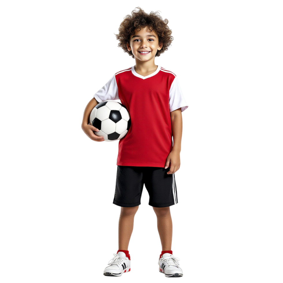 A young boy in a red shirt and black shorts holding a soccer ball png