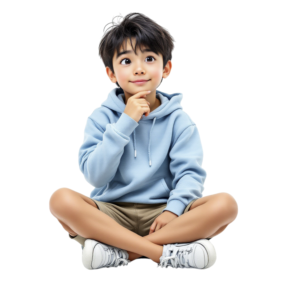 A young boy sitting on the floor with his hand on his chin png