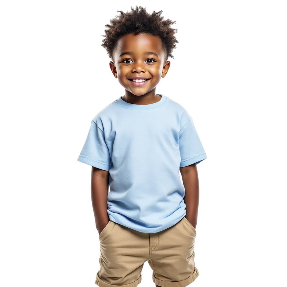 A young boy wearing a light blue t - shirt and khaki shorts png