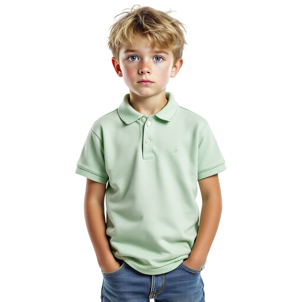A young boy in a green polo shirt png