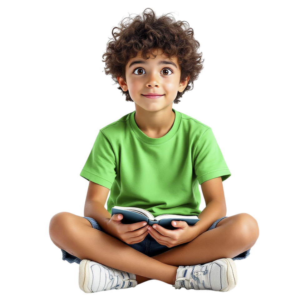 A young boy sitting on the floor with a book png