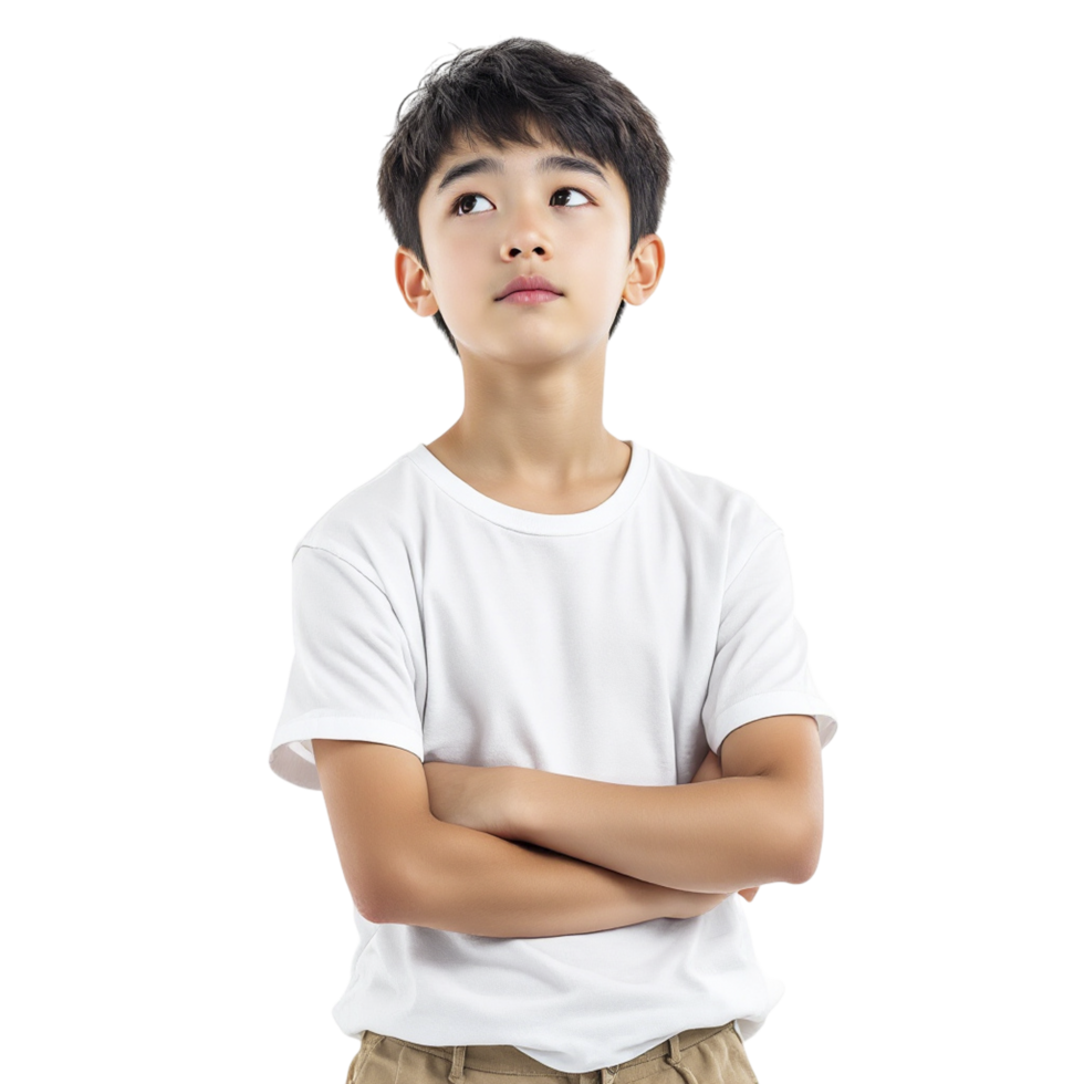 A young boy in a white t - shirt standing with his arms crossed png