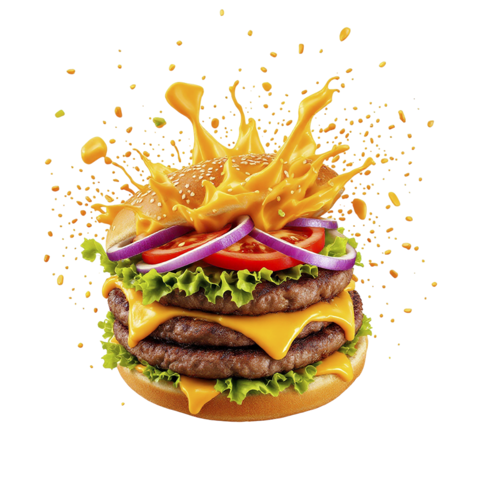 A hamburger with cheese, lettuce and tomato png