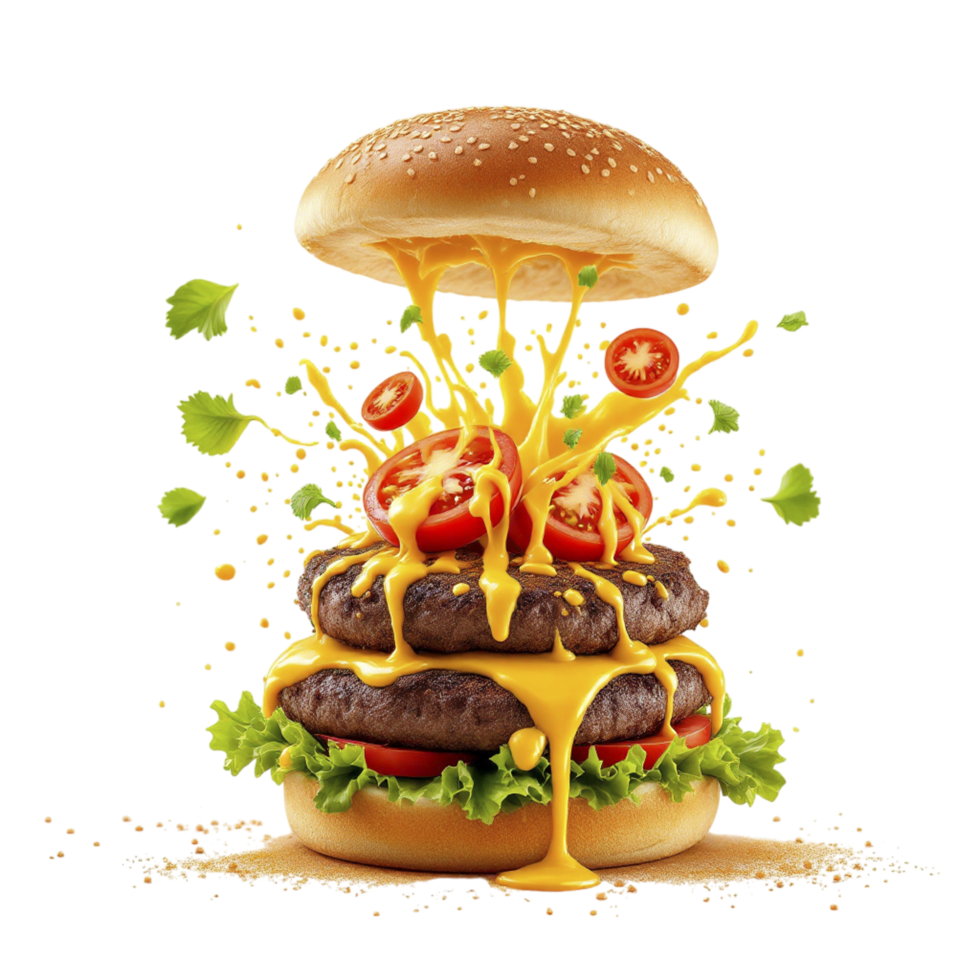 Cheeseburger with toppings and sauce on a black background png