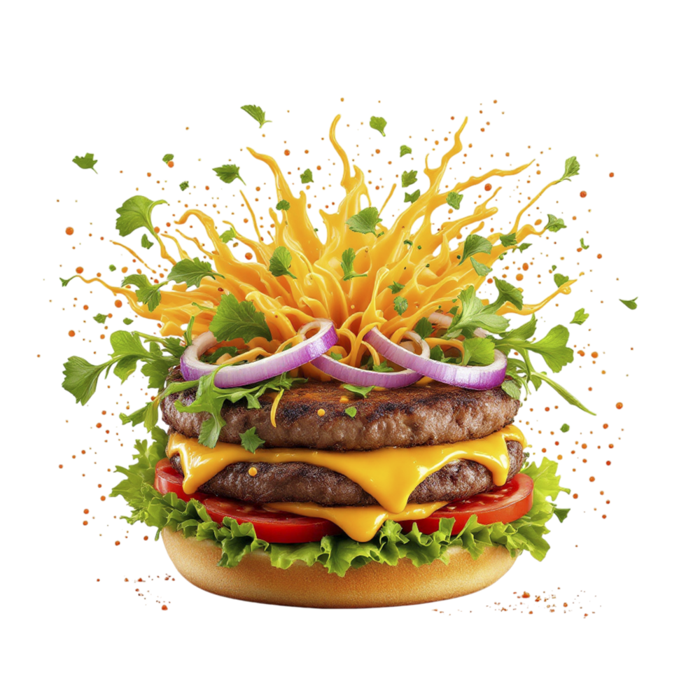 A hamburger with cheese, onions and lettuce png