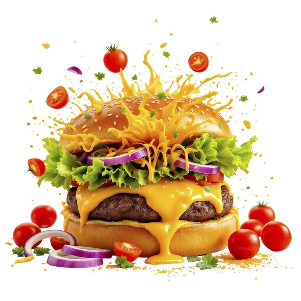 Cheeseburger with cheese, tomatoes and lettuce png