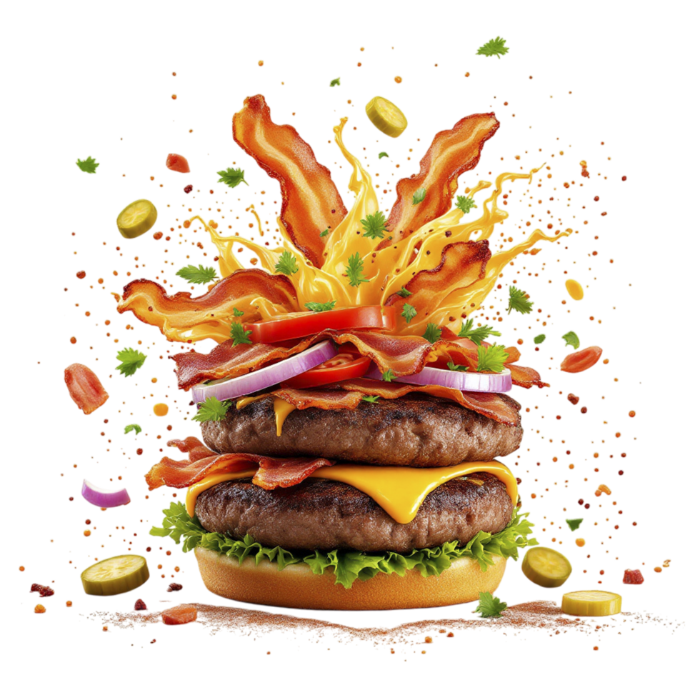 A hamburger with bacon, lettuce, onions and other toppings png