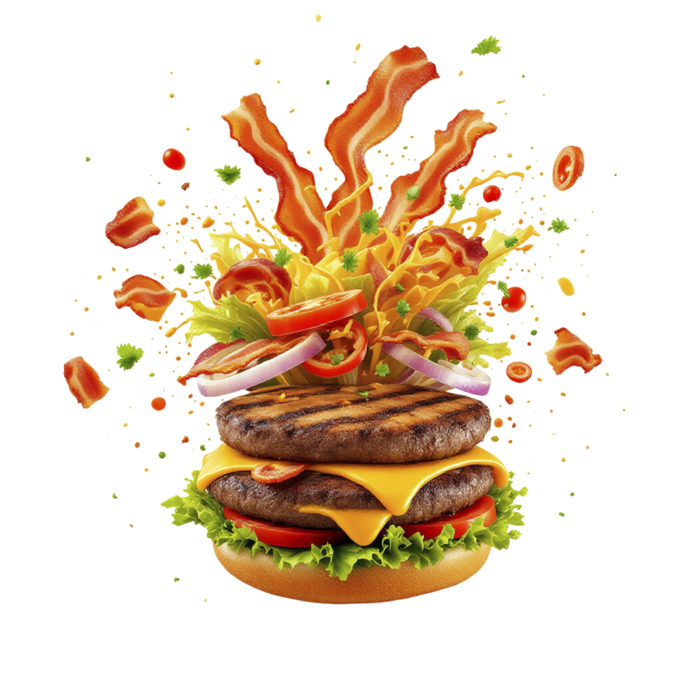 Burger with bacon, lettuce, tomato and cheese png