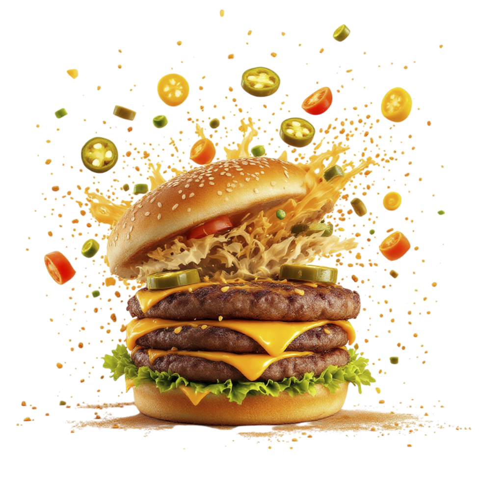 A hamburger with cheese and toppings flying out of it png
