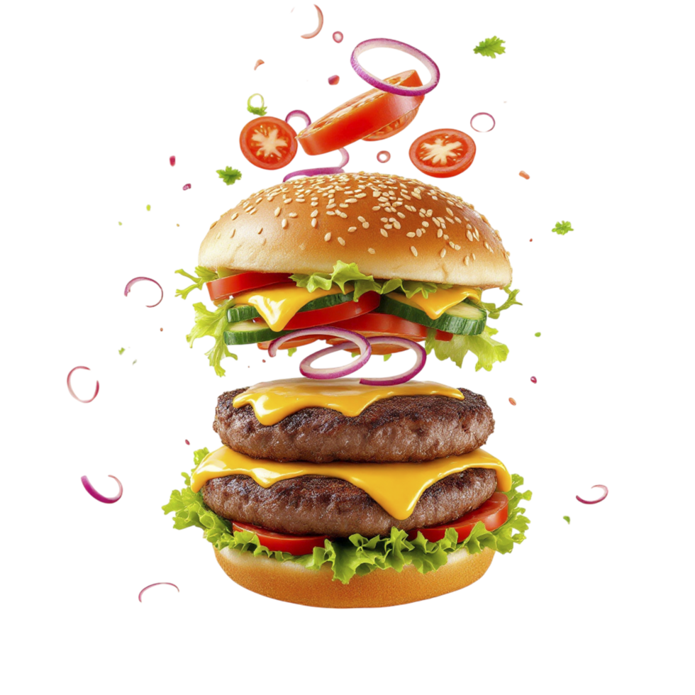 Burger with cheese, lettuce, tomato and onion png