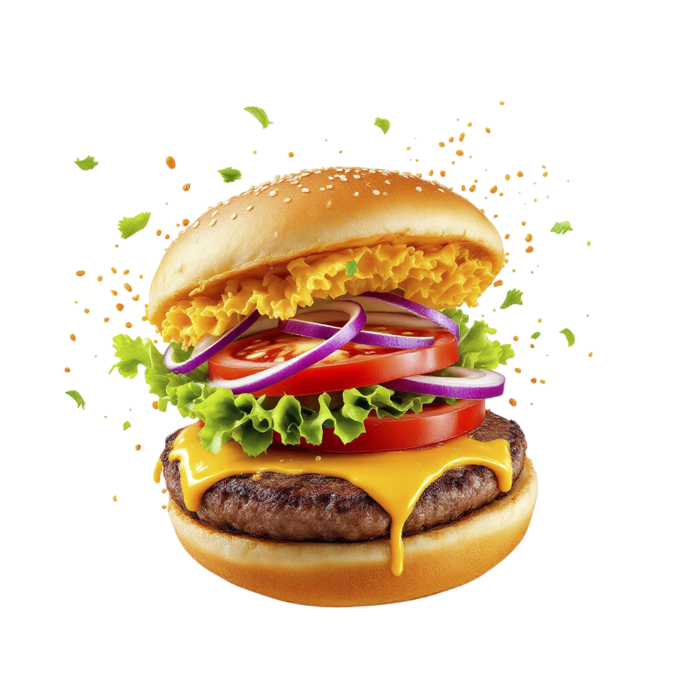 A hamburger with cheese, lettuce and onions png