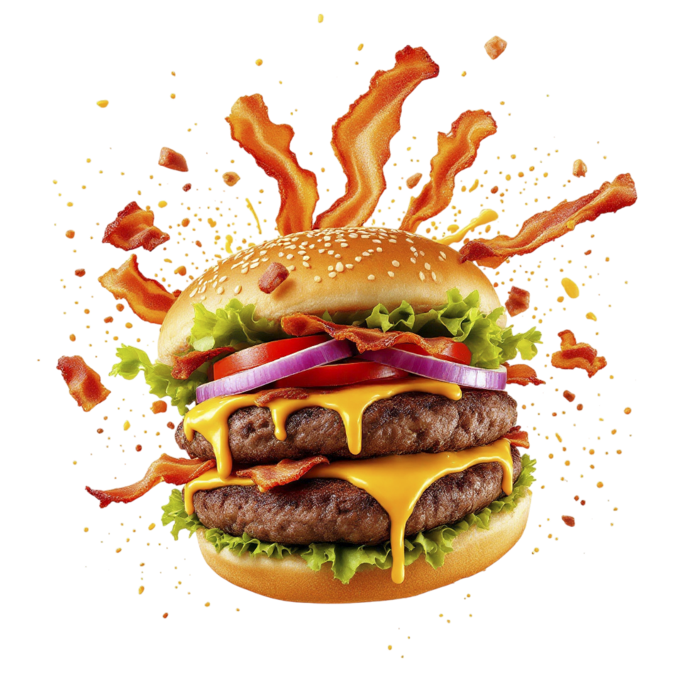 Burger with bacon, lettuce, cheese and tomato on a black background png