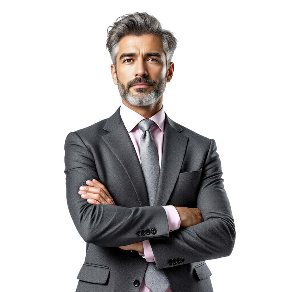 A man in a suit and tie standing with his arms crossed png