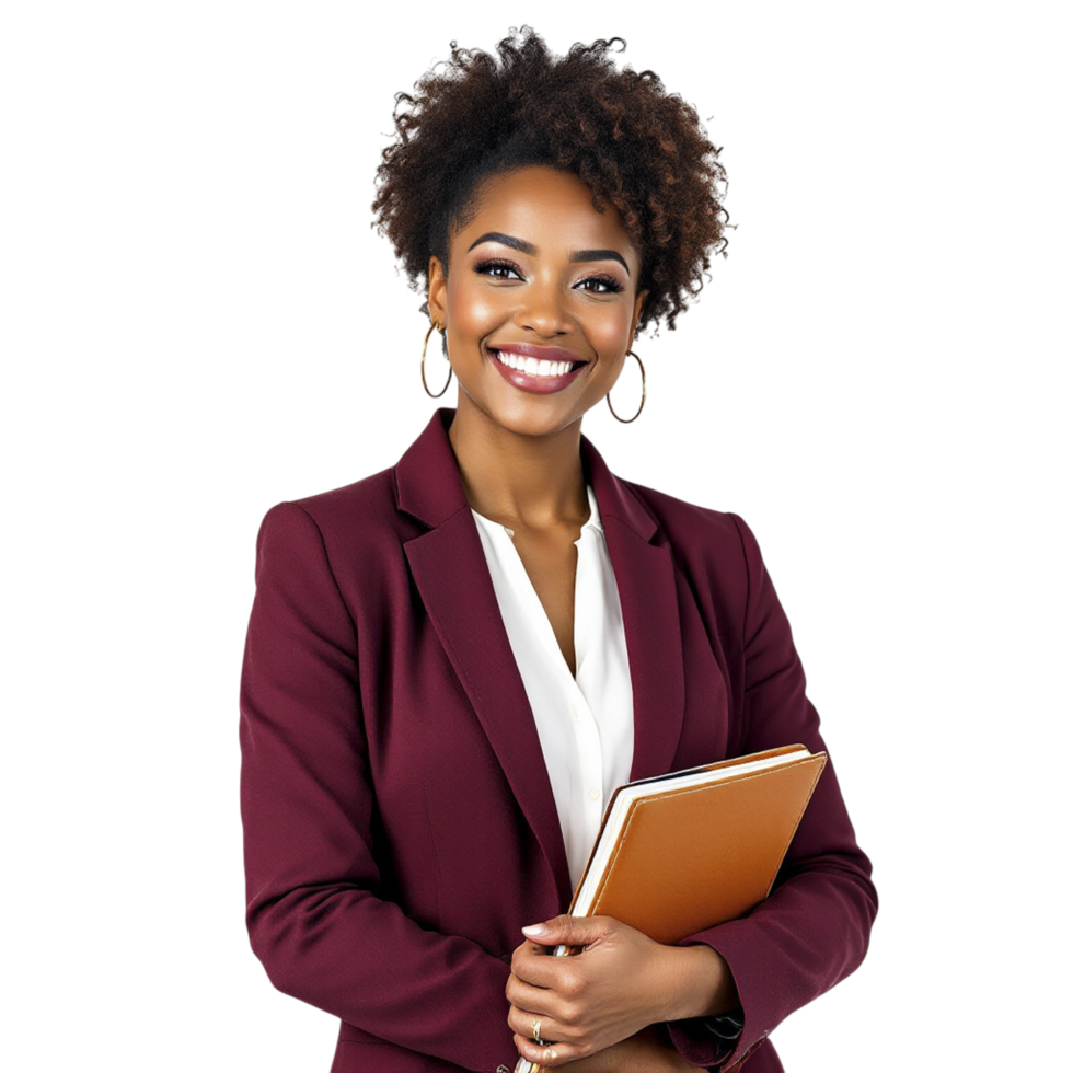 A smiling black woman holding a folder png