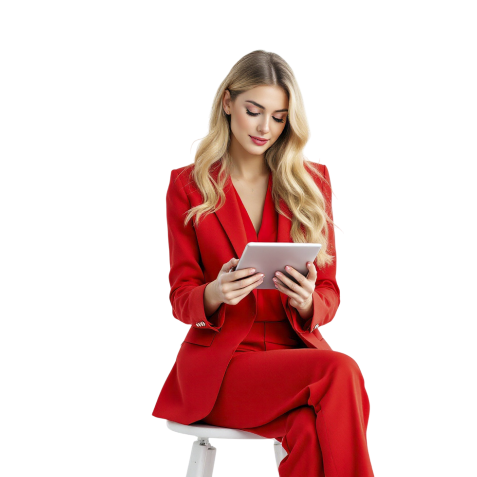 A woman in a red suit is sitting on a stool and using a tablet png