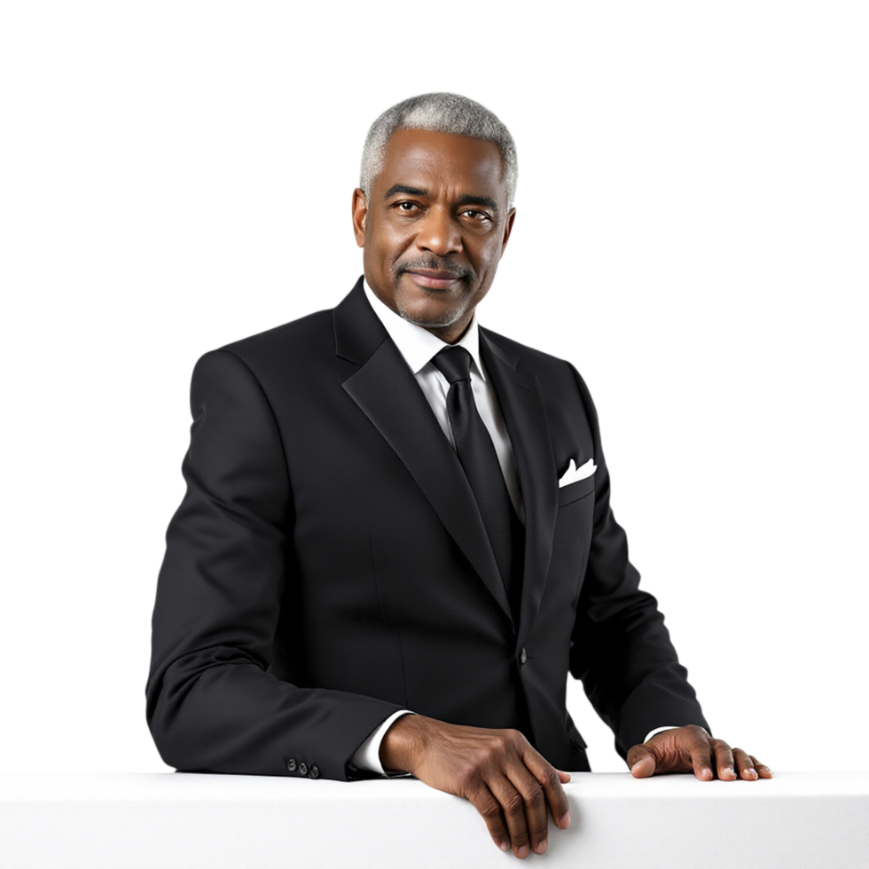 A man in a suit and tie leaning against a white board png