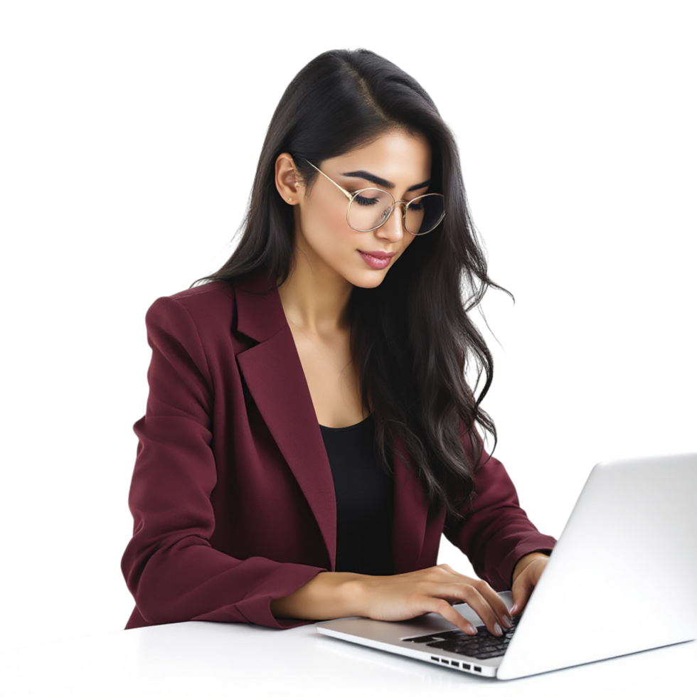 A woman in a business suit is typing on a laptop png