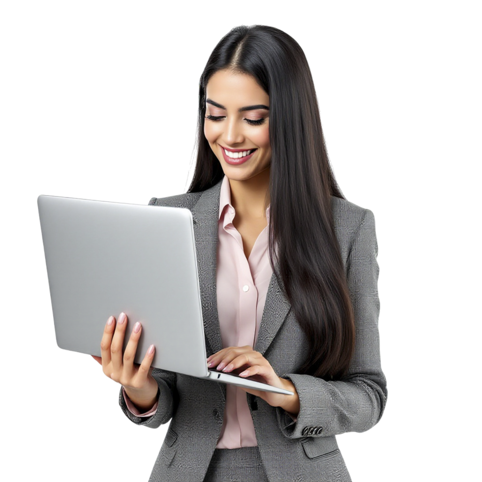 A woman in a business suit is holding a laptop png
