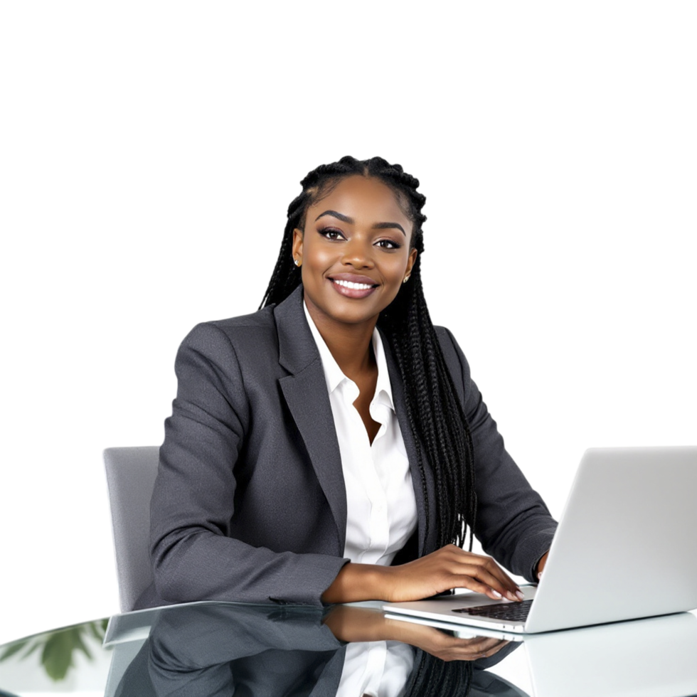 A smiling black woman in a business suit sitting at a table with a laptop png