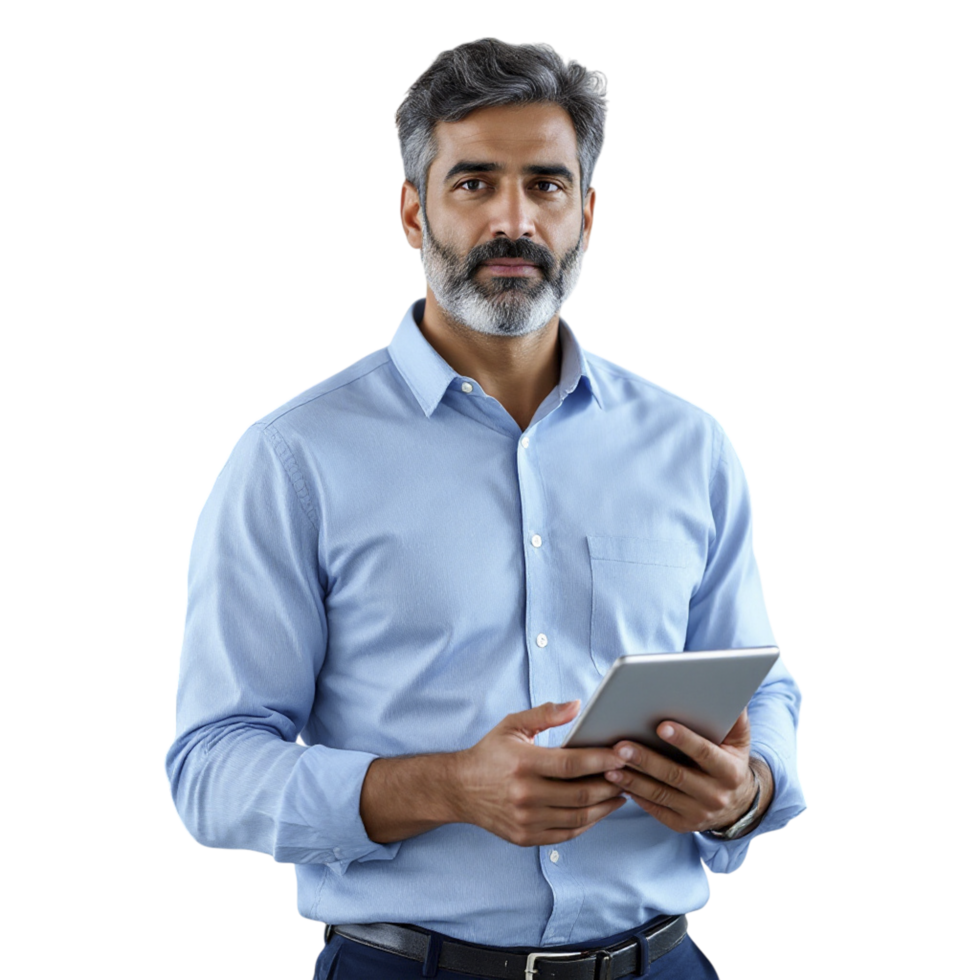 A man with a beard and a blue shirt holding a tablet png