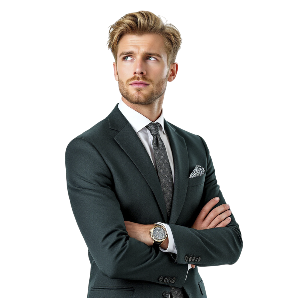 A man in a suit and tie standing with his arms crossed png