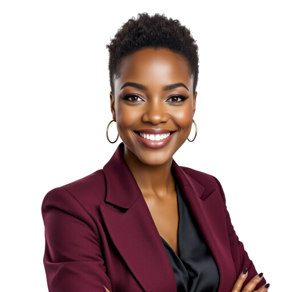 A beautiful black woman in a maroon suit png