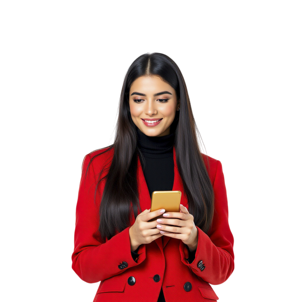 A woman in a red suit holding a phone png