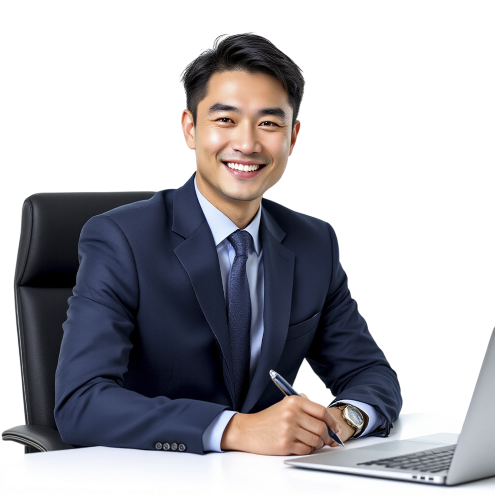 Asian businessman sitting at desk with laptop png