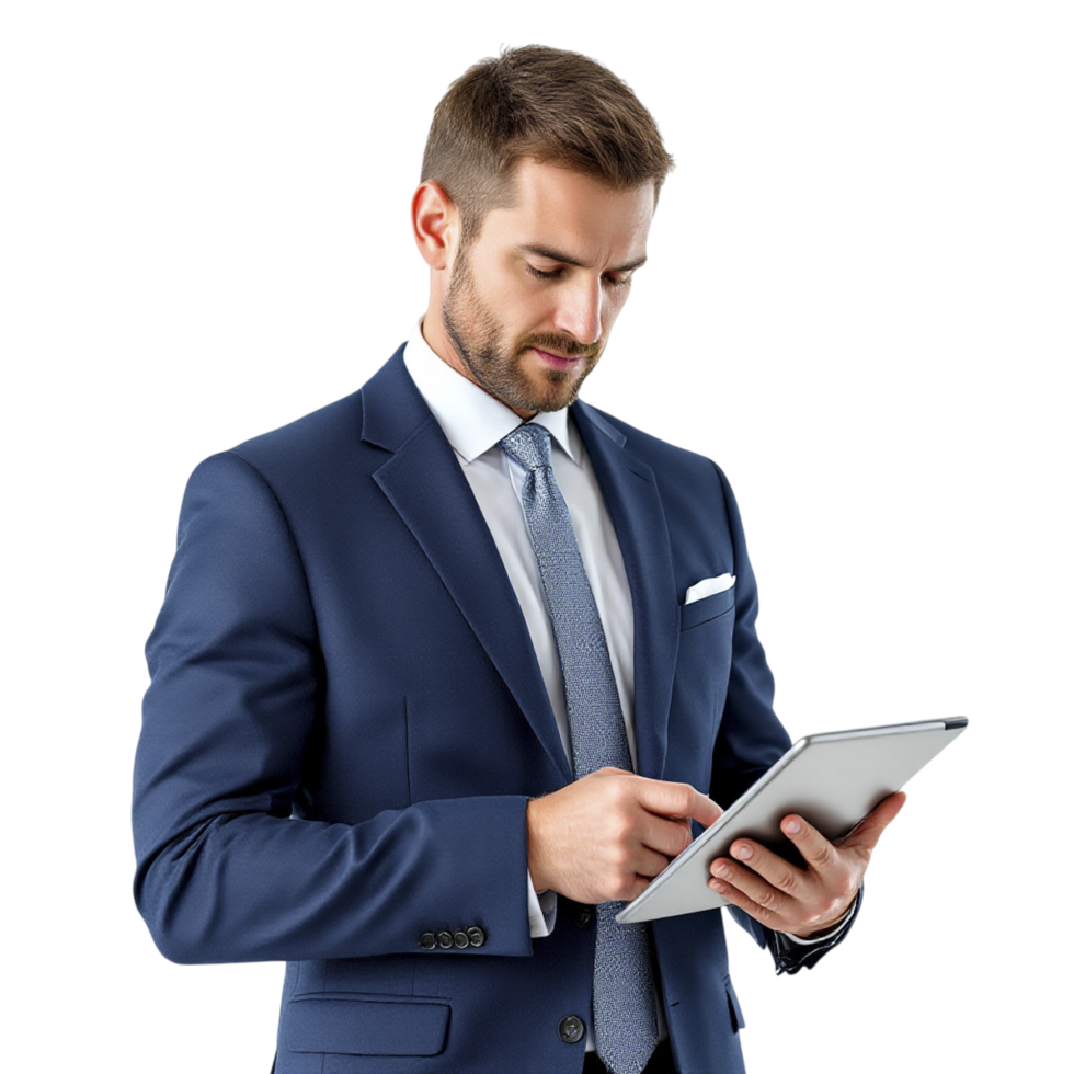 A man in a suit and tie is using a tablet png