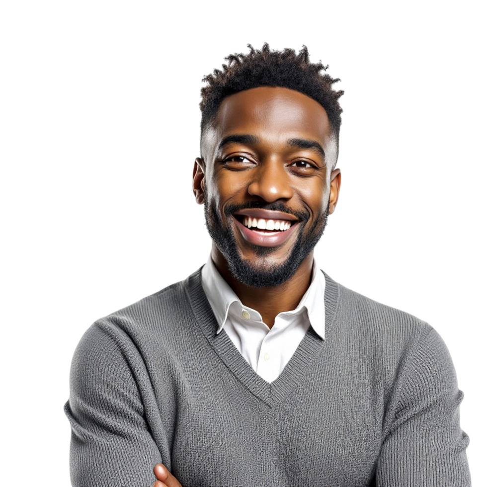 A smiling black man in a sweater png