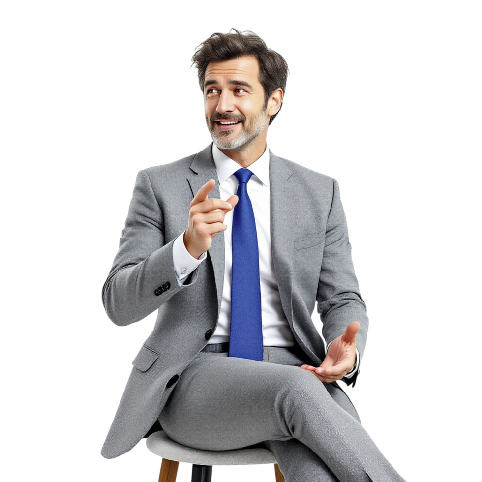 A man in a suit sitting on a stool png
