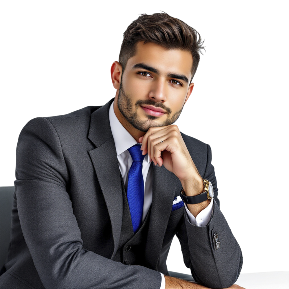 A man in a suit sitting at a desk png