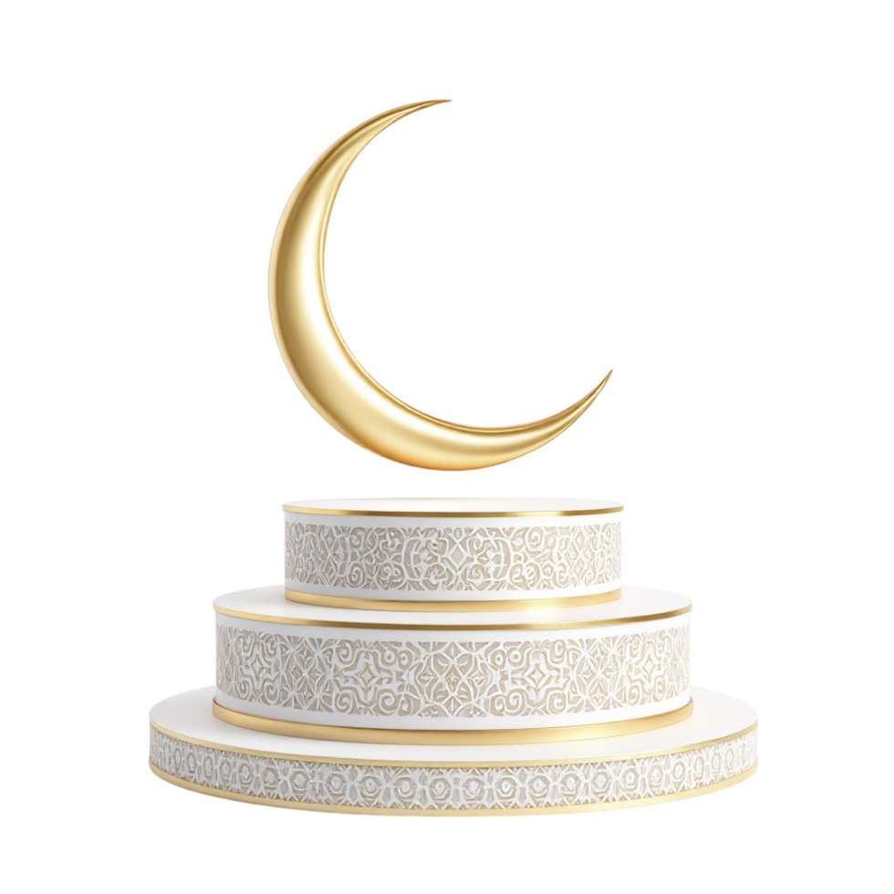 A gold and white cake with a crescent on top png