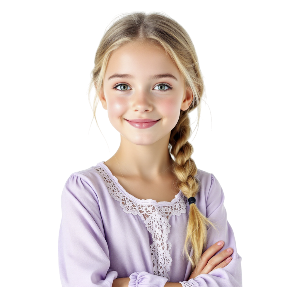 A little girl with braids and a purple shirt png
