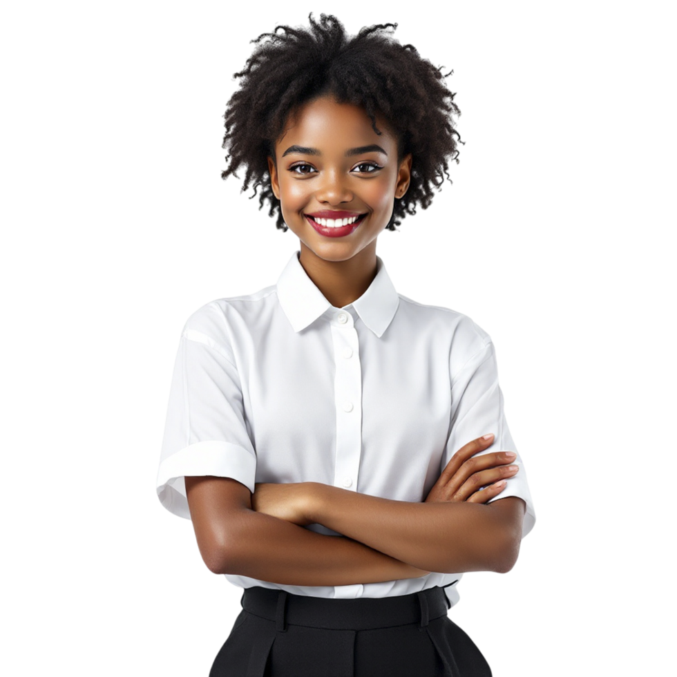 A young woman in a white shirt and black skirt png