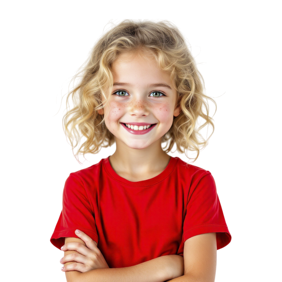 A young girl in a red shirt smiling png