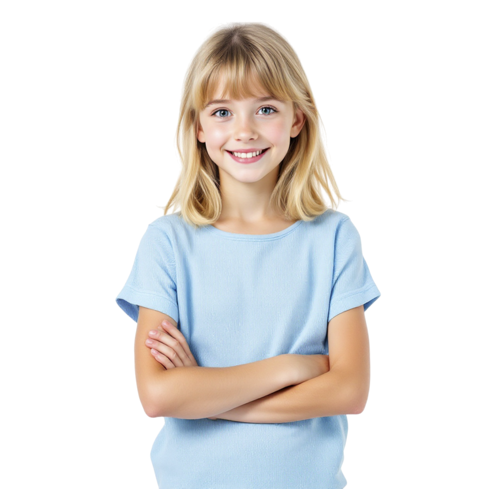 A young girl in a blue shirt is smiling png