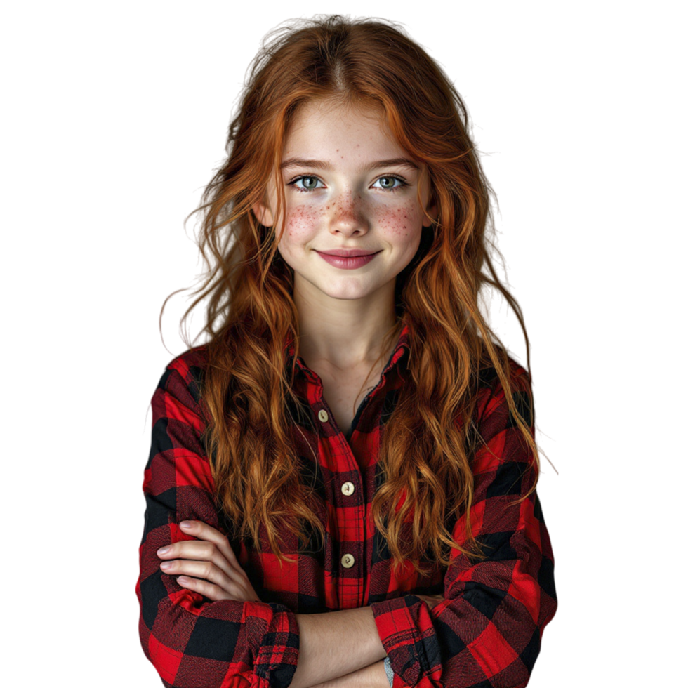 A young girl with red hair and a plaid shirt png