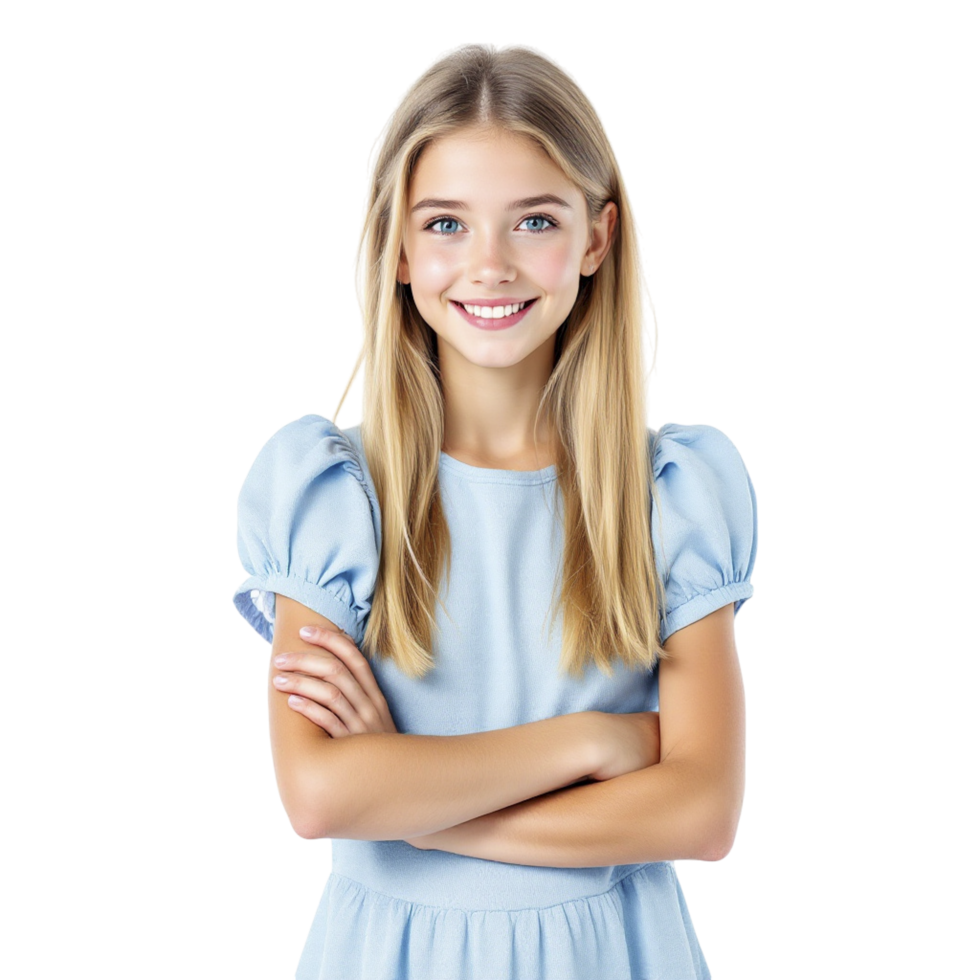 A young girl in a blue dress posing for the camera png