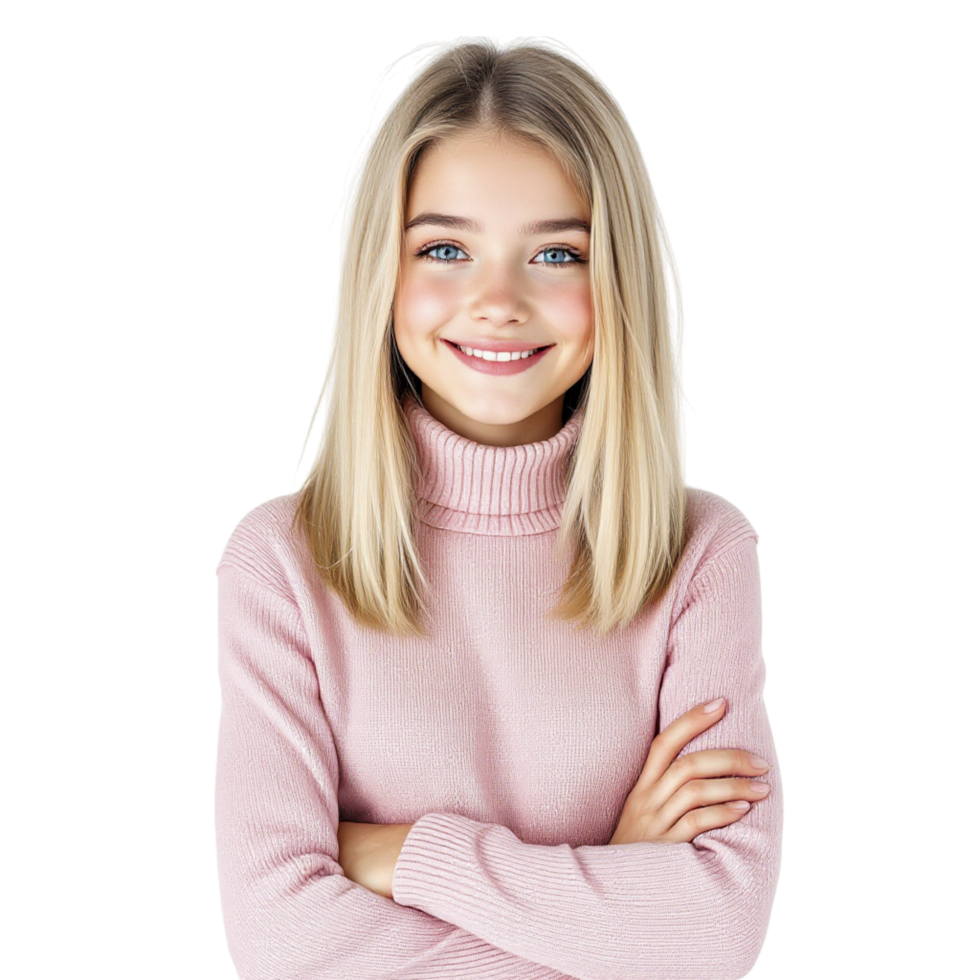 A young girl in a pink sweater posing for the camera png