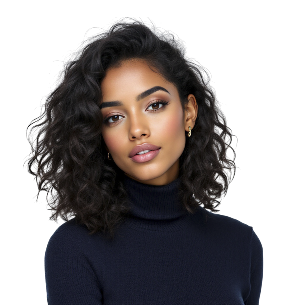 A woman with curly hair wearing a turtle neck sweater png